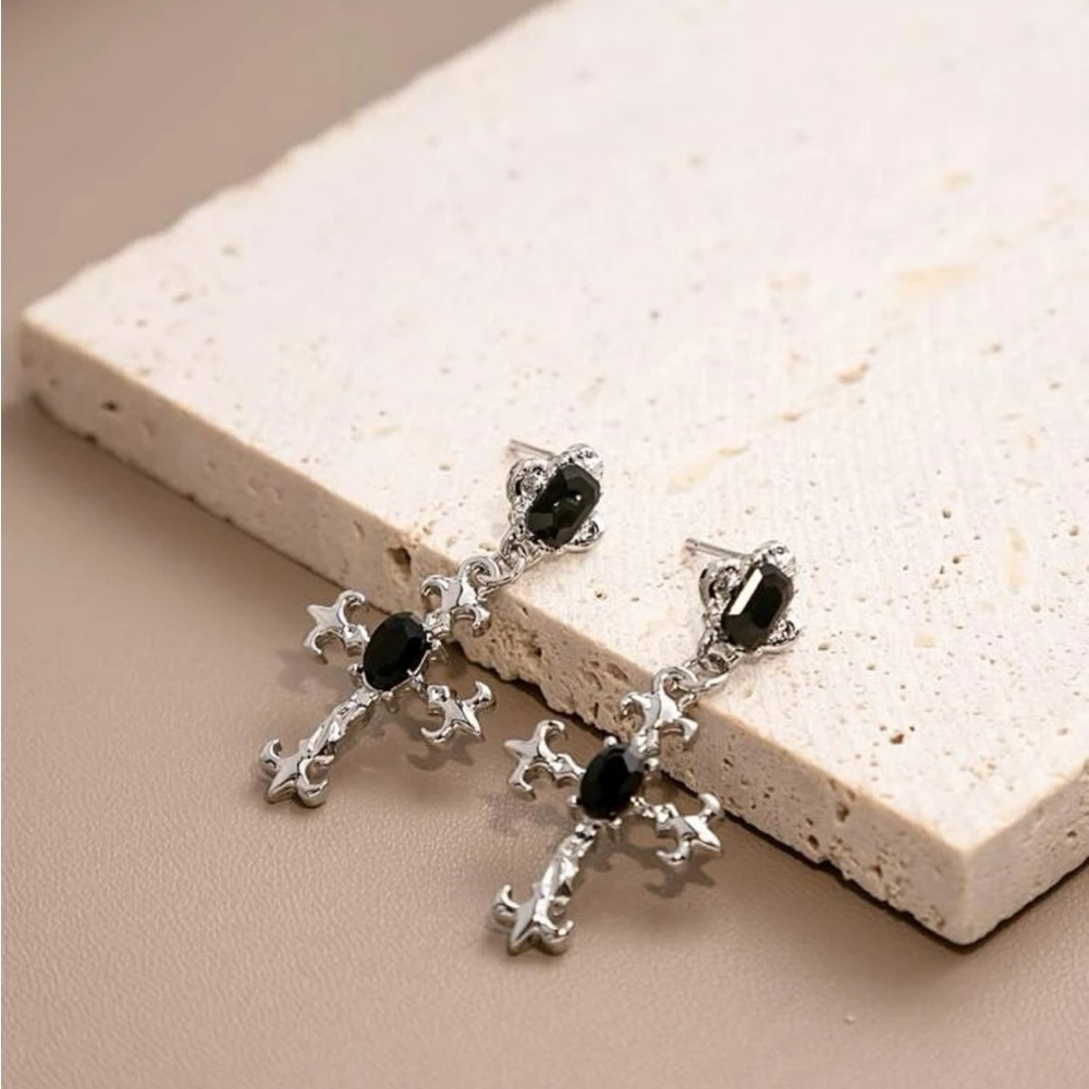 SILVER Cross Rhinestone Drop Earrings - Picture 2 of 2